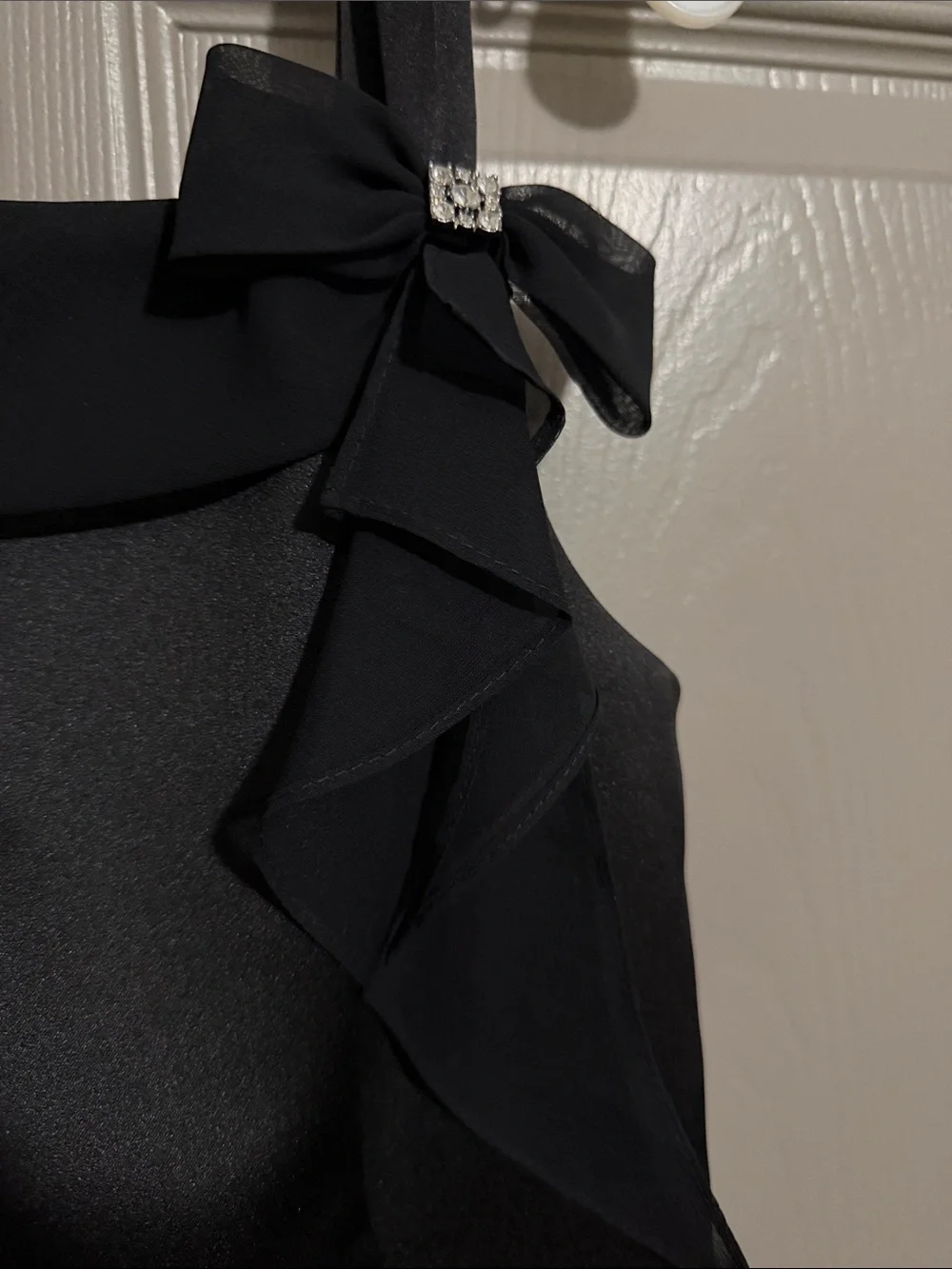 David's Bridal Black Satin Strap Maxi with Side Bow Accent - Picture 3 of 3